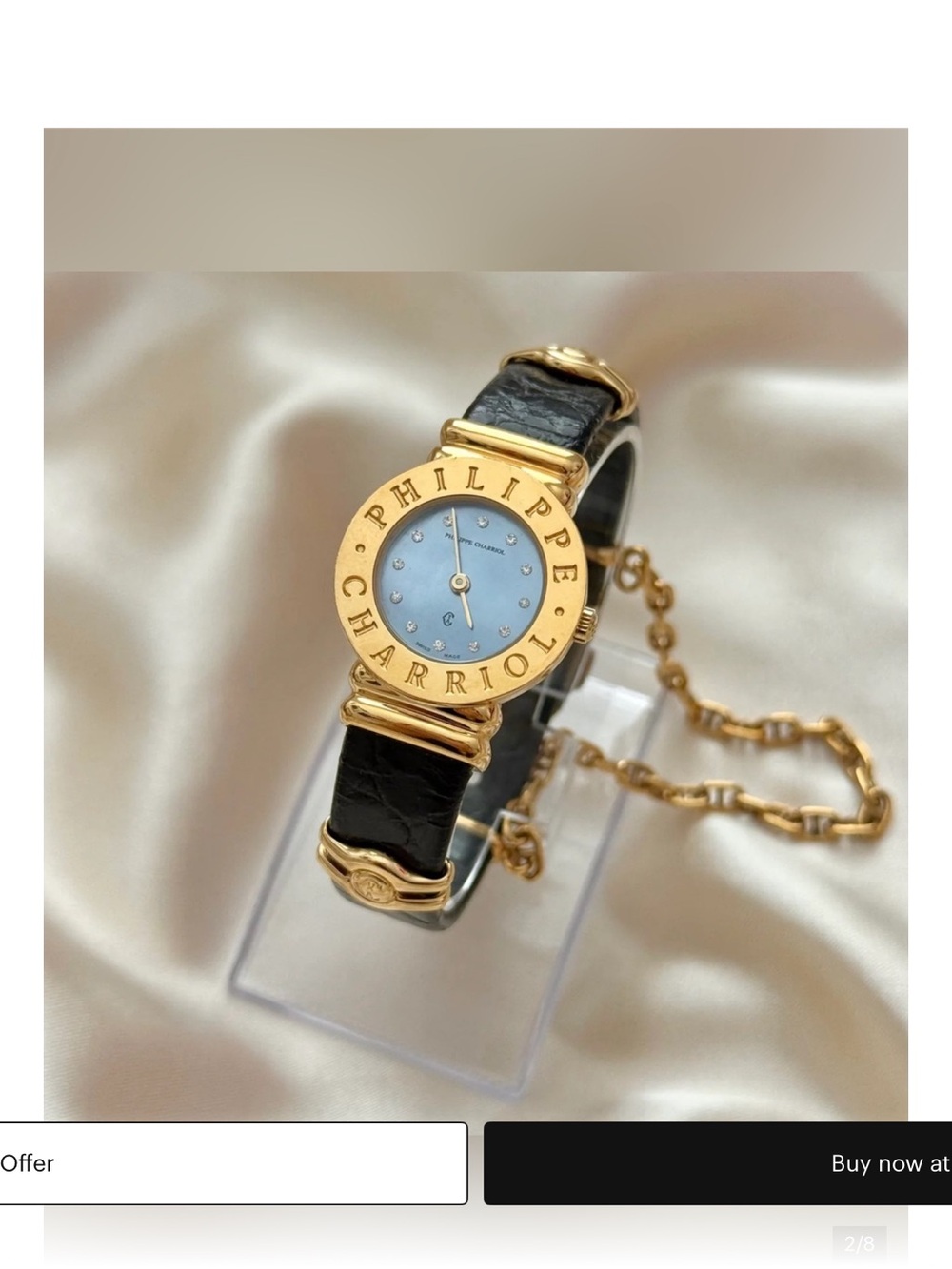 Phillipe Charriole Gold tone Black Leather Bracelet Watch w Mother of Pearl Dial